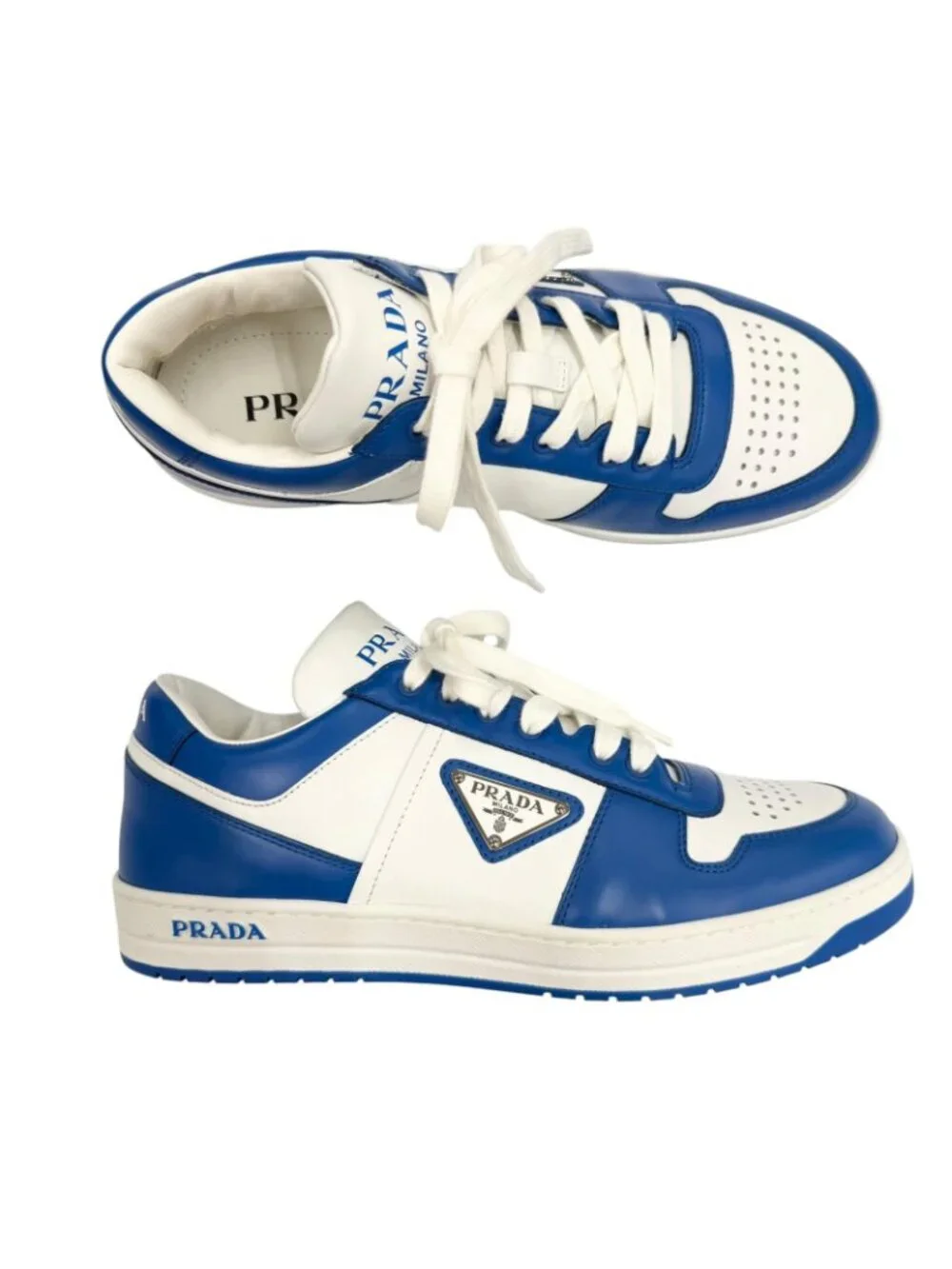 Prada Leather Triangle Logo Plate Low Cut Sneakers Blue White 5